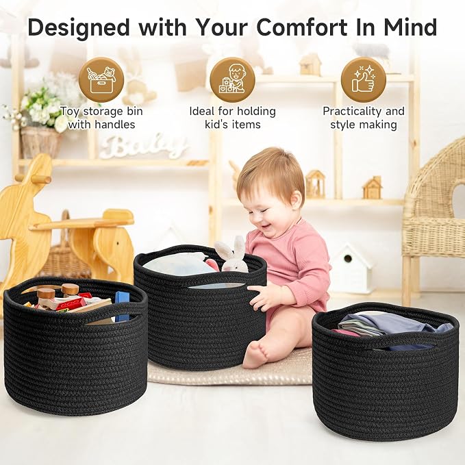 3 Pack Small Rope Storage Baskets, 9.82×9.82×7.1", Black | Cotton Basket for Gifts Empty, Cute Round Woven Basket, Decorative Shelf Basket Organizer, Organizing Basket for Shelves