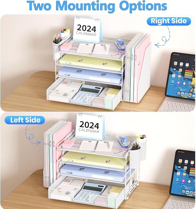 OPNICE Desk Organizer, 4-Tier Desktop File Organizer with Drawer and Pen Holders, Office Desk Accessories, File Sorters, Workspace Organizers for Office Supplies(White)