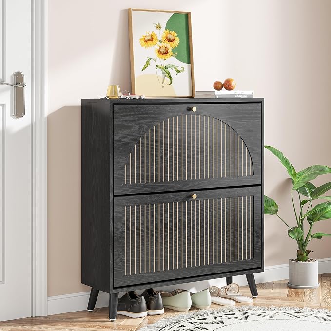 Fsbecl Shoe Storage Cabinet for Entryway with 2 Flip Drawers, Narrow Wood Shoe Cabinet with Fluted Panel, Freestanding Hidden Shoe Organizer for Hallway