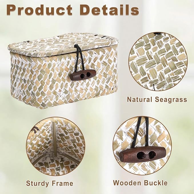 Hipiwe Wicker Shelf Basket Box with Lid Decorative Basket Handwoven Seagrass Storage Organizer Basket Decorative Basket, Whitewas 4.3" x 2.5" x 2.1"