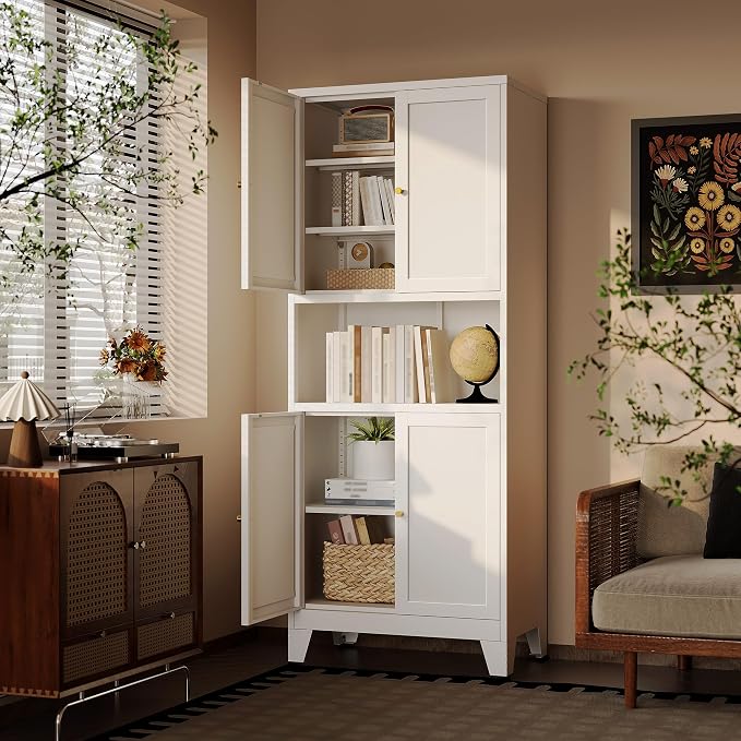69" H Kitchen Hutch Cabinet with Storage,White Metal Storage Cabinet,Microwave Cabinet,Kitchen Pantry Cabinet with Countertop