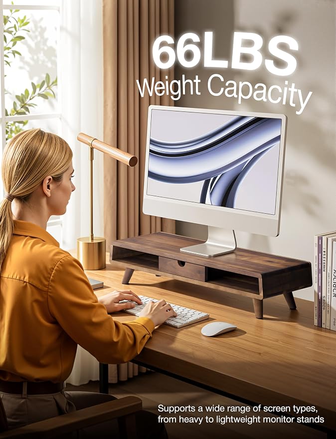 TINAMO Acacia Wood Monitor Stand with Drawer - Wooden Monitor Riser for Desk - Computer Monitor Stand for Desk - Multi-Purpose Desktop Storage Stand for Computer; Laptop; Printer; TV - 24.4 " x 8" x 5" (Walnut color) (Patented)
