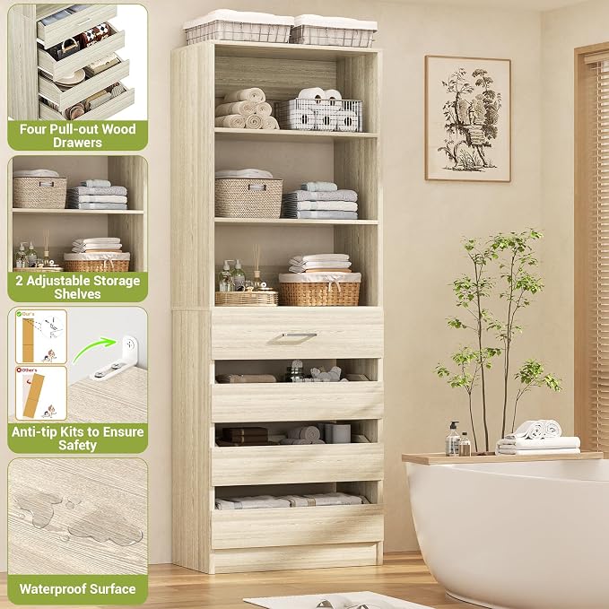 Aheaplus 21.3" Closet System with 4 Drawers, Wood Closet Organizer with Open Shelves, Modular Drawers System Tower, Walk-in Closets Small Wardrobe Rack, Tall Storage Cabinet Unit, White Oak