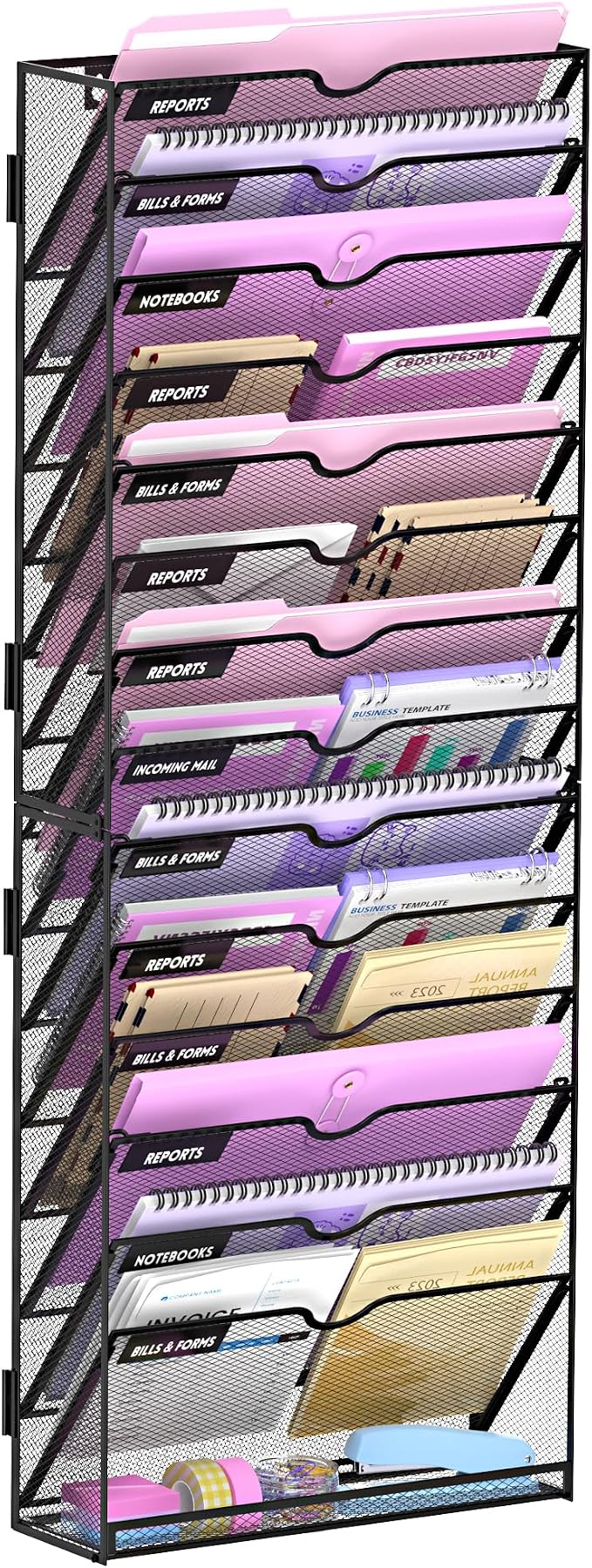 15-Tier Wall File Organizer with Base, Wall Mounted File Holder | Vertical Hanging File Organizer with Open Compartments and Label Holders for Mail, Folders and Paperwork at Home or Work