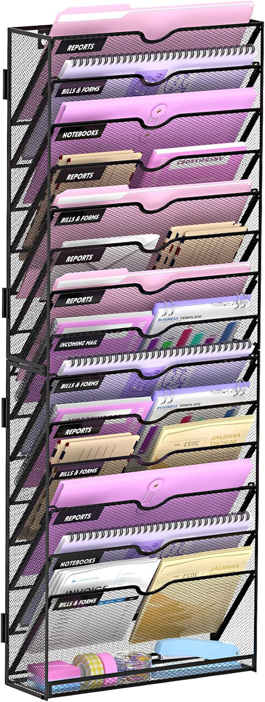 15-Tier Wall File Organizer with Base, Wall Mounted File Holder | Vertical Hanging File Organizer with Open Compartments and Label Holders for Mail, Folders and Paperwork at Home or Work