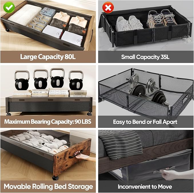 KITHELP Wooden Under Bed Storage with Wheels, 80L Extra-large Rolling Under the Bed Storage Bins 2 Pack with Removable Lid, Upgrade Metal Under Bed Drawers for Clothes Shoes Blankets in Bedroom