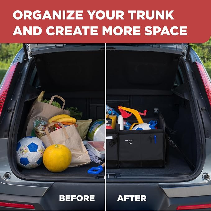 Car Trunk Organizer for SUV & Truck Cargo Storage, Large, Black | Fits Cars, SUVs & Trucks 4 Adjustable Compartments Non-Slip Base & Straps Foldable 11 Pockets Car Accessories