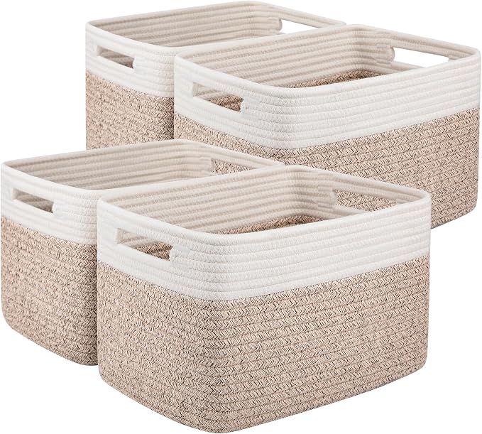 OIAHOMY 4 Pack Storage Basket, 13"x9"x7.8" Cotton Rope Baskets for Shelves, Closet Organizer for Bedroom & Living Room, Soft Decorative Bins for Organizing Towels, Books & Toys, Brown & White