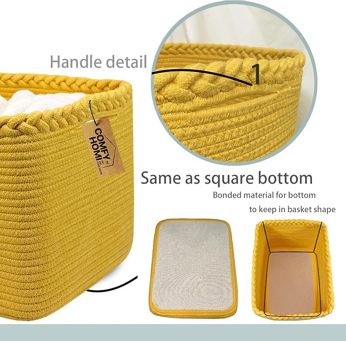 COMFY-HOMI 3PACK Cotton Rope Square Basket with Handles for Shelves| Storage|Baby Basket for GIF|Shoe Basket for Organizing|New13.5" x 11" x 9.5" for Living Room