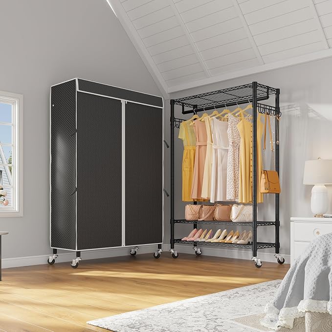 VIPEK R3C Portable Closet for Hanging Clothes Rolling Rack with Cover | Lockable Wheels, Adjustable Wire Shelving Heavy Duty, Metal Side Hooks, Polyester Cover, 374lbs Space-Saving for Small Space