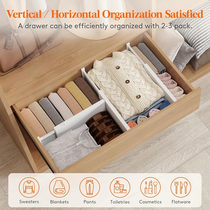Lifewit 14 Pack 6" High Drawer Dividers 34-56cm/13.5-22" Adjustable Drawer Organizer for Clothes/Utensils, Expandable Drawer Separator in Dresser/Kitchen/Bedroom/Office Organization & Storage White
