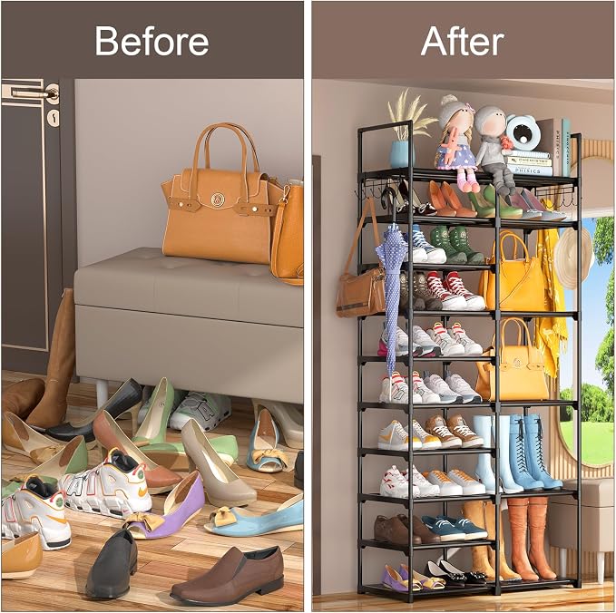 Kottwca 2 Row 10 Tier Tall Shoe Rack Organizer for Closet Entryway, 40-45 Pair Shoe Boot Storage Rack, Metal Shoe Shelf Small Vertical Stackable Shoe Stand for Bedroom Corner