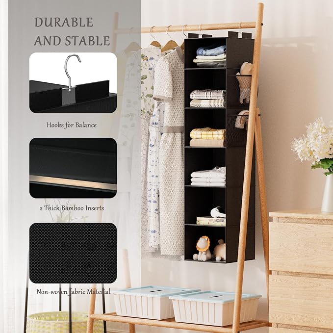 Hanging Closet Organizer and Storage with Bamboo Support, 6-Shelf Closet Hanging Storage Shelves, Closet Organizers Easy Mount Foldable for Bedroom(Black)