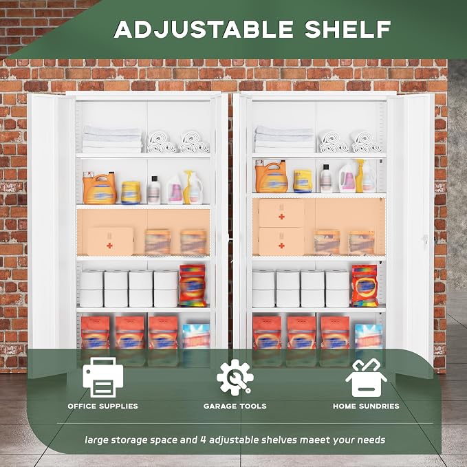 Greenvelly Metal Garage Storage Cabinet with 2 Doors & Adjustable Shelves, 72" Lockable Steel Tool Cabinet - White - (36" W x 18" D)