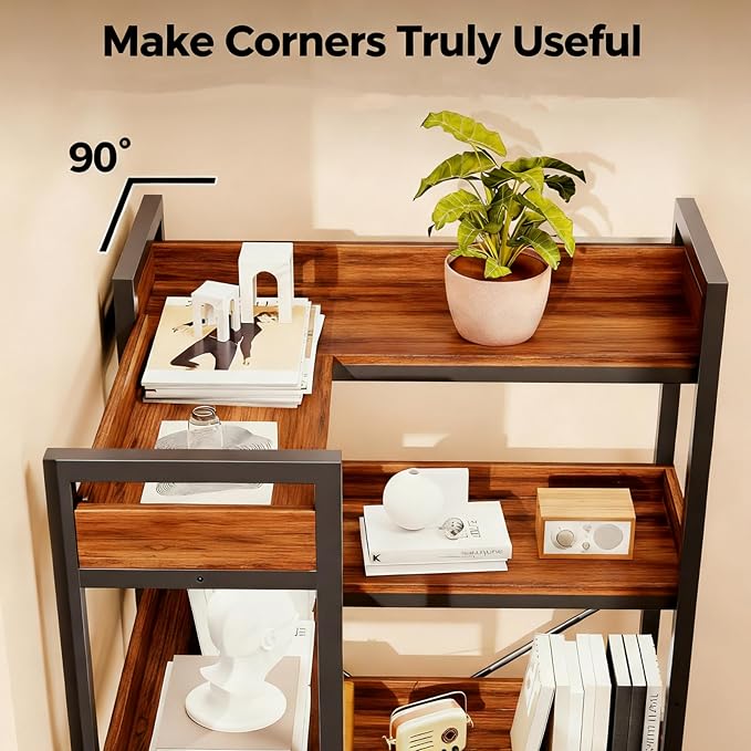 HealSmart 5 Tier L Shape Bookshelf, 65" Corner Bookcase with Hooks and Edge, Industrial Wooden Bookcase with Open Shelves and Metal Frame for Living Room, Bedroom, Home Office, Kitchen, Brown