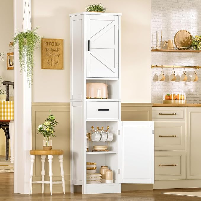 67" H Bathroom Storage Cabinet with Barn Doors & Adjustable Shelves, Bathroom Cabinet with Drawer, Narrow Bathroom Storage Unit, Floor Cabinets for Living Room, Kitchen, White