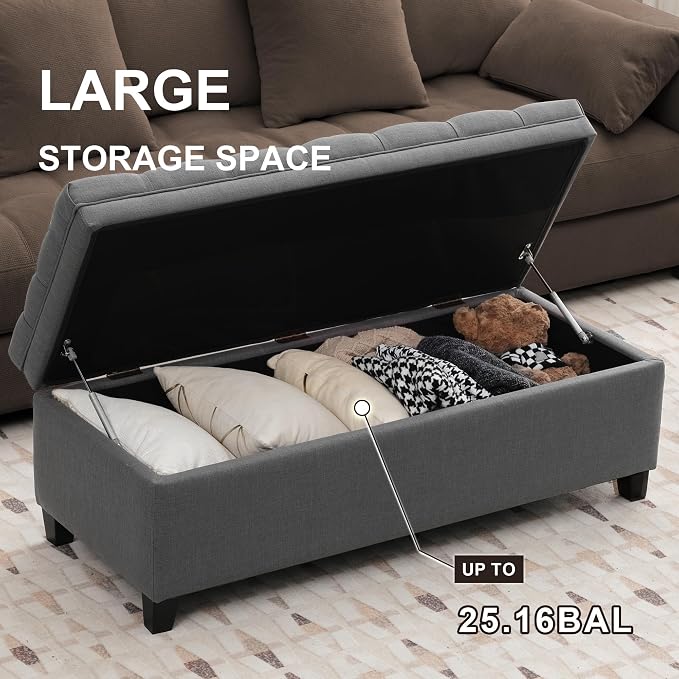 51" Storage Ottoman for Bedroom & Living Room, End of Bed Bench with Black Wooden Legs, Linen Upholstered Tufted Ottoman, Entryway Storage Bench,Dark Grey