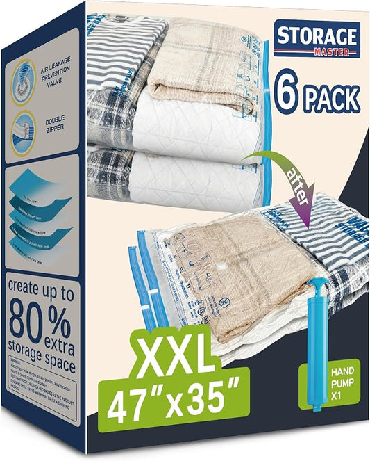 XXL Jumbo Vacuum Storage Bags, for Blanket, Bedding, Comforters | 47''X35'' Extra Large, Save 80% Space, Extra Thick, Clear, 6 pack
