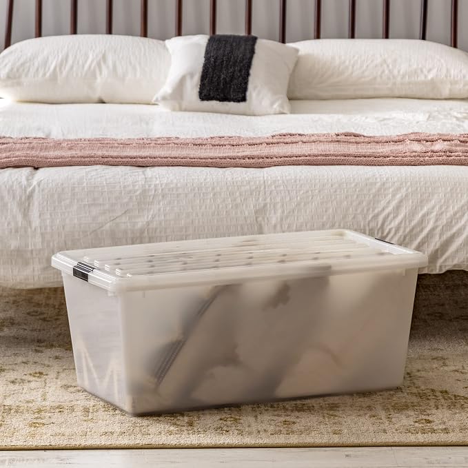 IRIS USA 4-Pack 91 Qt Stackable Storage Bins with Lids, Pearl | Discreet opaque design keeps belongings out of sight while organizing closets, bedrooms and seasonal storage, Stackable