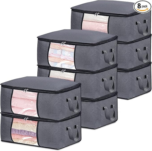BiCINE 8 Pack Clothes Storage Bags with Zipper, 45L Foldable Blanket Storage Bag with Clear Window Sturdy Handles for Closet, Dorm, Pillows, Bedding, Sheet, Comforter, Gray
