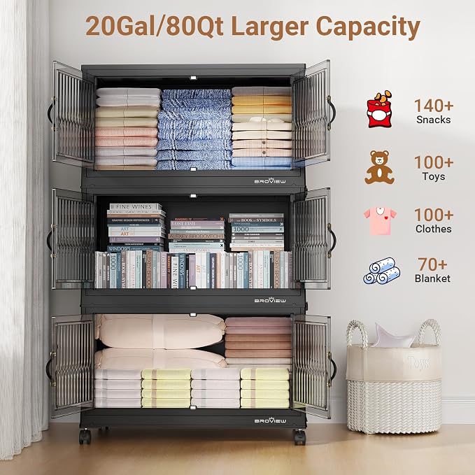 BROVIEW 320 Qt Stackable Storage Bins with Lid, Plastic Closet Organizers and Storage Drawer, Collapsible Storage Box with Wheels, Folding Storage Cabinet for Closet Clothes Organization, 4Pack Black
