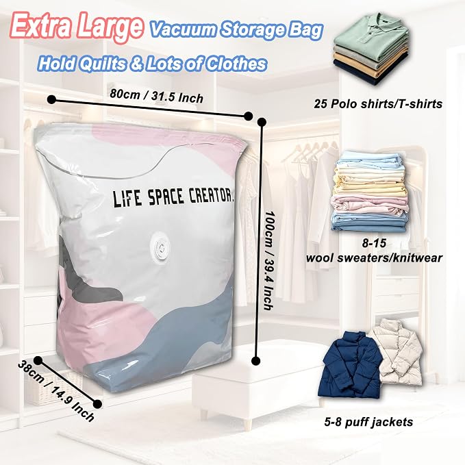 No Pump Vacuum Storage Bags, 3D Space Saver Compression Bags with Valve | Reusable Airtight Vacuum Seal Bags for Clothing, Blankets, Pillows & Bedding, 31.5×39.4in, 2 Pack