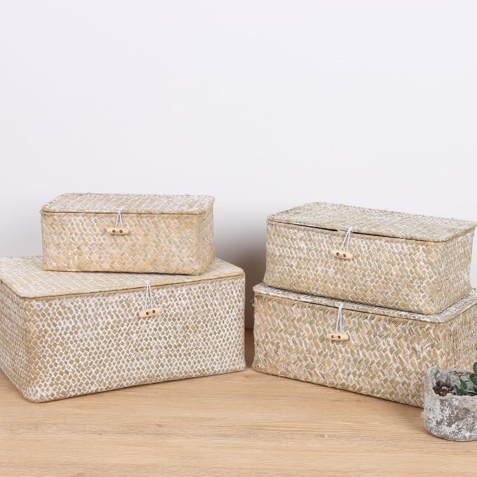 FEIALNDUO Wicker Shelf Baskets with Lid,Seagrass Storage Basket Bins Rectangular Handwoven Basket Boxes for Shelves Desktop Home Organizer (Whitewash, Medium)
