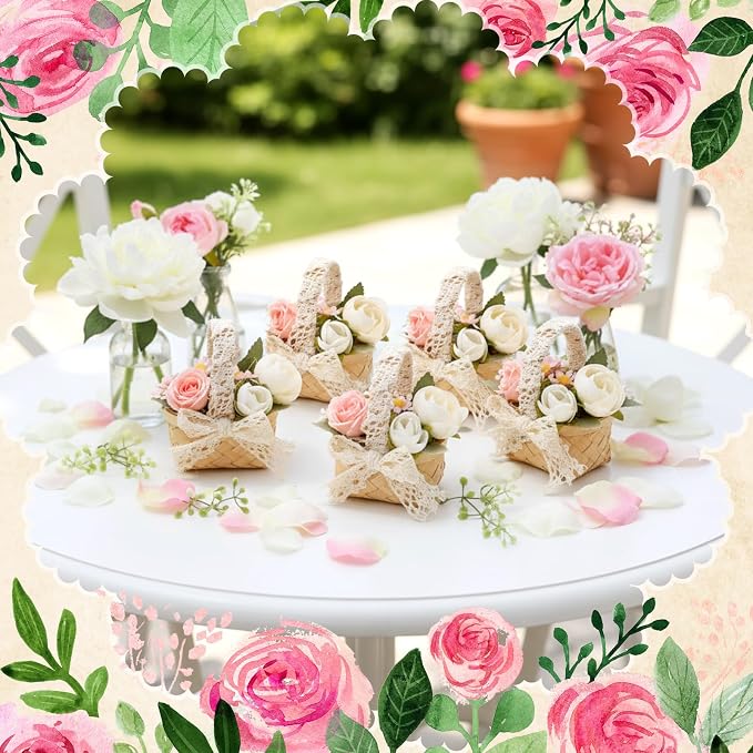 12 Pcs Mini Flower Girl Basket Mini Woven Baskets with Handles Wood Chip Flower Fruit Picnic Holder with White Lace Ribbon Chip Bucket for Wedding Party Gifts Baby Shower Birthday Decoration