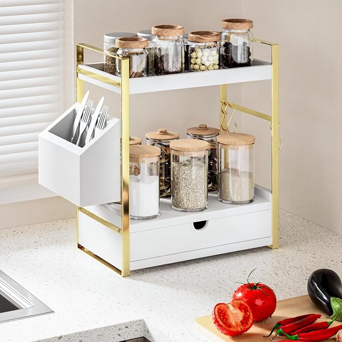 2-Tier Bathroom Counter Organizer, Wooden Vanity Shelf with Drawer & Basket | Pre-Drilled Holes, Skincare & Makeup Countertop Organizer and storage, White-gold