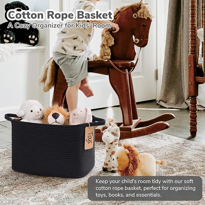 Goodpick Small Woven Storage Basket with Handles, Rectangle, Black | 13 × 10 × 9 in, Cotton Rope, Shelf Organization, Toys, Towels & Books Storage, Living Room & Bathroom Organization