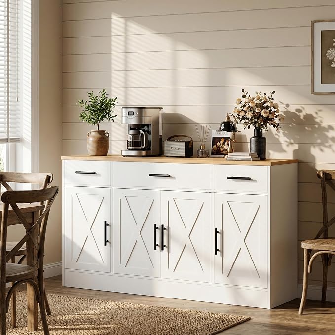 Buffet Sideboard Cabinet with 4 Doors, Farmhouse Kitchen Storage Cabinet with Adjustable Shelves, Freestanding Coffee Bar Cabinet for Dining Room, Living Room & Kitchen, Classic White