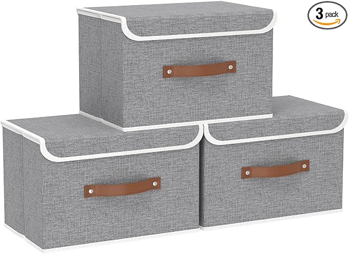 Yawinhe Fabric Storage Boxes with Lids,Grey,15.0x9.8x9.8in,3-Pack | Container with Leather Handle,Washable Storage Basket, Clothes Blanket Bin,Collapsible Closet Organizer for Bedroom