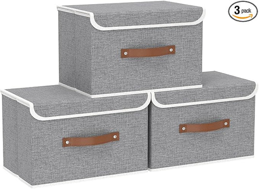 Yawinhe Fabric Storage Boxes with Lids,Grey,15.0x9.8x9.8in,3-Pack | Container with Leather Handle,Washable Storage Basket, Clothes Blanket Bin,Collapsible Closet Organizer for Bedroom