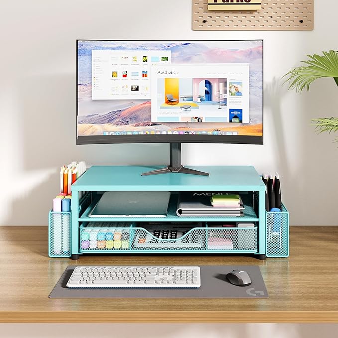 OPNICE Desk Organizer and Accessories, 2-Tier Computer Monitor Stand Riser with Drawer and 2 Pen Holders, Laptop Stand, Office Desk Accessories for Office Supplies, 1 Pack, Teal Blue