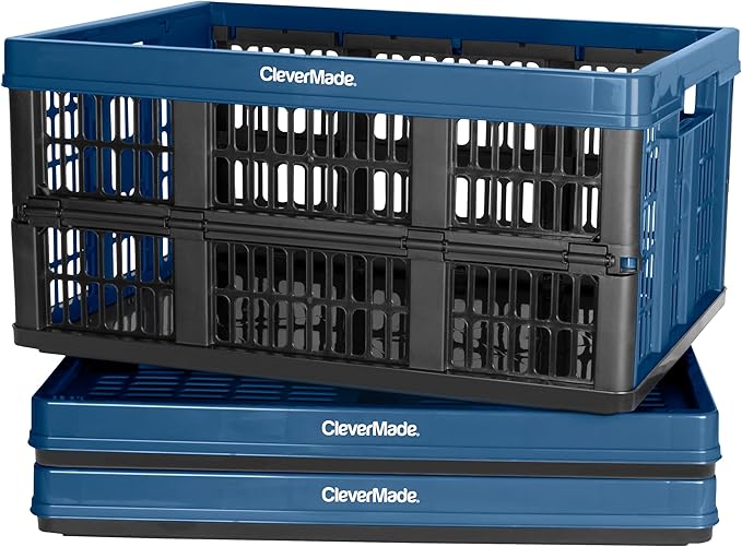 CleverMade Collapsible Utility Crates, 45L, 3 Pack, Ocean | Interlocking crates stack open or folded and carry 66 lb each. Side handles make groceries, tools, and gear easier to move.
