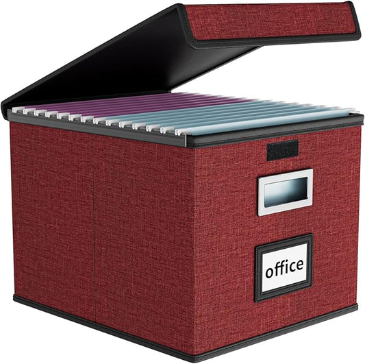 File Organizer Box with Lids, Collapsible File Folder Organizer | File Box with Plastic Slides for Office Document Storage, Filing Bin for Letter Size Hanging File Folders (1 Pack, Dark Red)