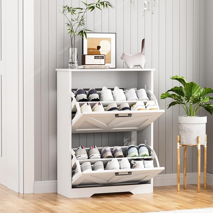 Homleke Farmhouse Shoe Cabinet for Entryway, 2 Barn-Style Flip Drawers | Narrow Shoe Storage Organizer, Top Display Shelf, Adjustable Shelves, Shoe Rack, for Hallway Closet, 24" Wide, White