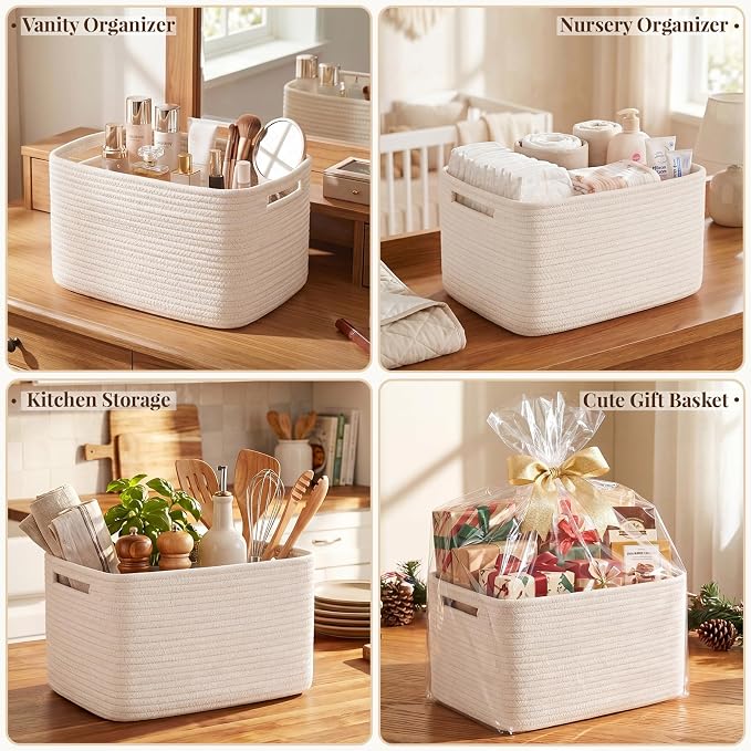 OIASKET 4Packs Natural Cotton Rope Storage Baskets for Organizing Toys, Clothes, Towels & Books, Soft Versatile Organizers for Shelves, Home Decorative Bins, 13''Lx9''Wx7.8''H, White