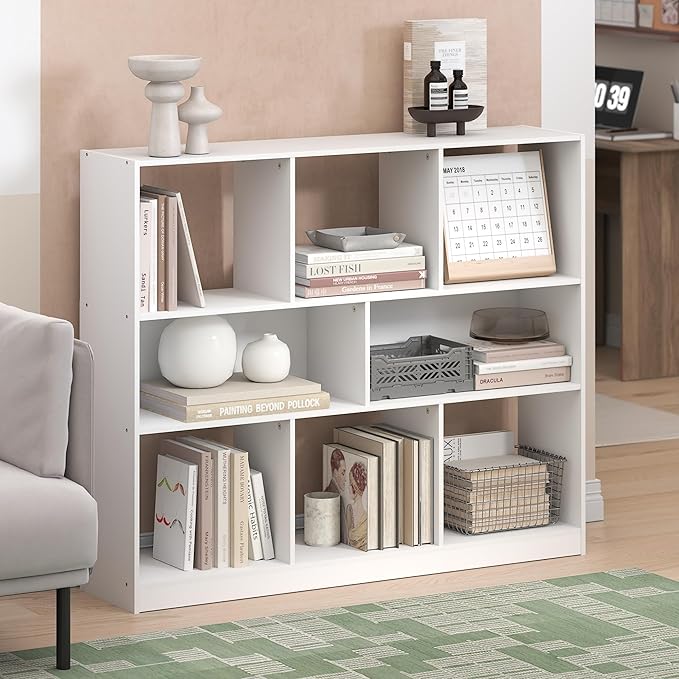 Furinno DALY Book Shelf, 8-Cube Bookshelf, Horizontal Cube Storage Organizer Bookcase, 10.9 x 47.2 x 39.4, for Living Room, Bedroom, Home Office, White