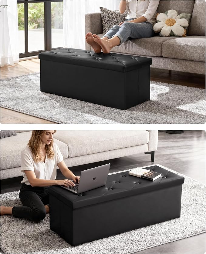 GLAXYFUR 43" Storage Ottoman Bench, Folding Ottoman with 2 Dividers, Black | End of Bed Bench, PU Leather Foot Rest, Storage Chest for Living Room, Bedroom and Entryway