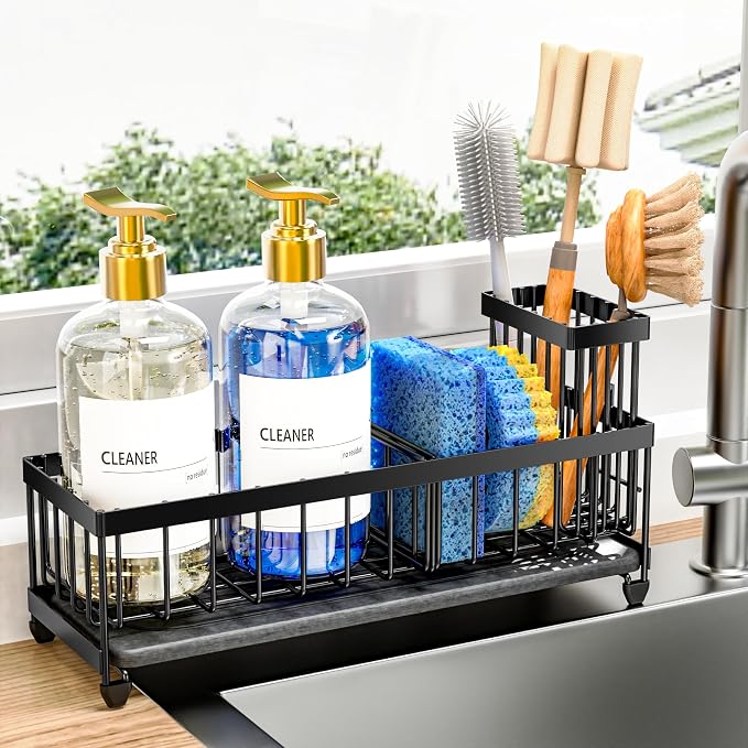 Cisily 10.62'' Sponge Holder for Kitchen Sink, Sink Caddy Organizer with High Brush Holder, Kitchen Countertop Organizers and Storage Essentials, Rustproof 304 Stainless Steel (Black with Stone Tray