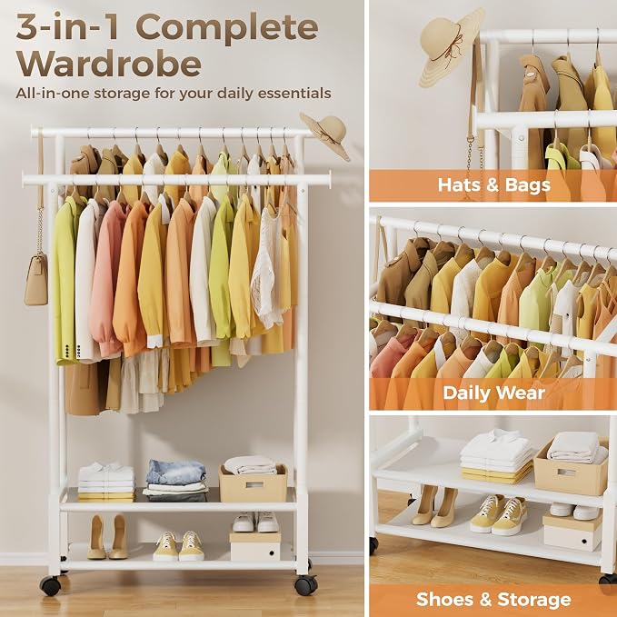 Double Rod Clothing Rack with 2 Shelves, Rolling, White | All tools included, metal frame, 4 casters with 2 locking, for bedroom, laundry, and entryway