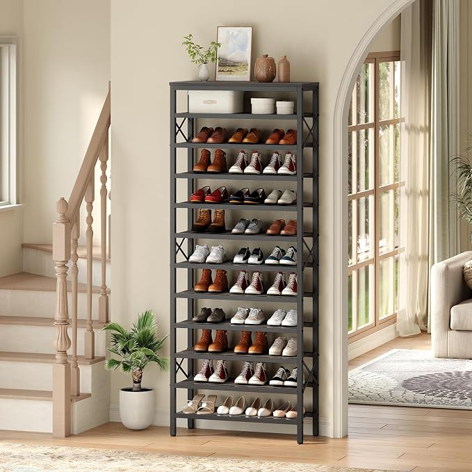 12-Tier Tall Shoe Rack Organizer, Wooden Shoe Storage for Closet Holds 48 Pairs, Sturdy Shoe Shelf with X-Shaped Metal Support, for Entryway, Bedroom, Charcoal and Black SS212BC