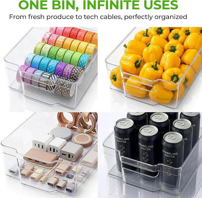 Zulay Kitchen 4 Pack Clear Refrigerator Organizer Bins - Large Fridge Organizers and Storage Containers - Transparent, BPA Free, Durable, Shatterproof