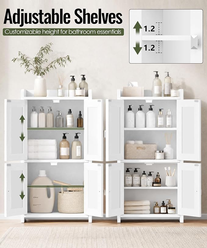 Akxomel 15" Rattan Small Bathroom Cabinet 4 Doors Adjustable Shelf White | Bathroom Organizer and Storage, Toilet Paper Floor Cabinet for Small Space