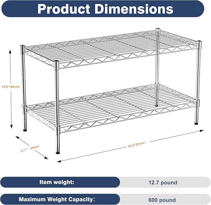 2-Tier Heavy Duty Metal Shelving Unit,Wire Shelf Rack with Lockable Wheels | 36"x18"x19.5(WxDxH),Height Adjustable Metal Storage Shelves Organizer for Living Room,Closet,Kitchen,Office,Laundry,Pantry