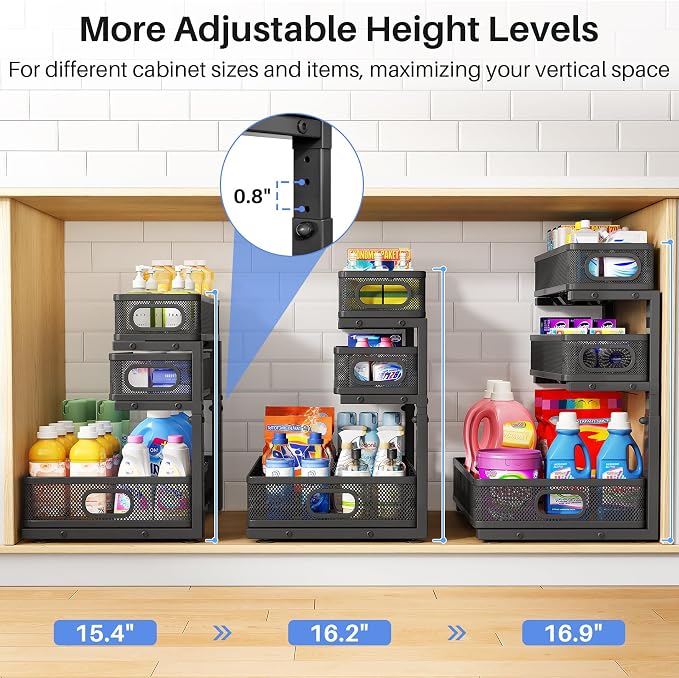 Under Sink Organizer, 3-Tier Thickened Metal Pull out Cabinet Organizer Shelf, Height Adjustable Slide out Storage Drawer Rack for Kitchen Bathroom Pantry Laundry Home Organization, 1-Pack, Black | 35% Extra Storage Capacity, Carbon Steel, Hold Up 55lb...