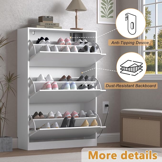 BORNOON Shoe Cabinet with Odor Control and Back Panels, Deodorizing Slim 3-Flip Shoe Storage Cabinet for Entryway, Freestanding Hidden Shoe Rack Organizer for Entrance, Hallway, Bedroom