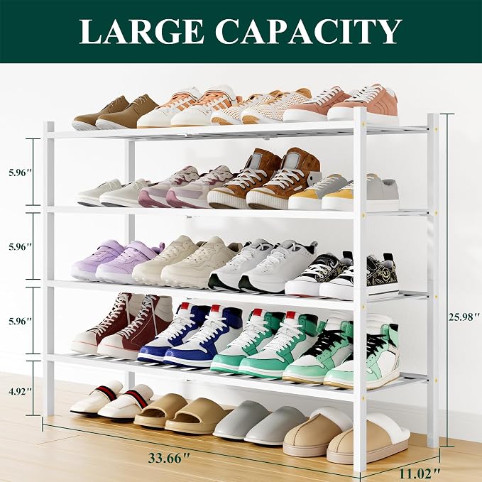 Smiry Bamboo Shoe Rack, 12 Vertical Slats, 4 Tier - 33.7" Wide, White | Stackable Free Standing Wooden Shoe Organizer, Wood Shoe Storage Shelf for Closet, Entryway