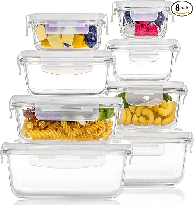 Vtopmart 8 Pack Glass Food Storage Containers with Airtight Lids | Meal Prep Lunch Containers, Leakproof, Leftover Storage, Take-out, Microwave, Oven, Freezer and Dishwasher Safe, BPA Free